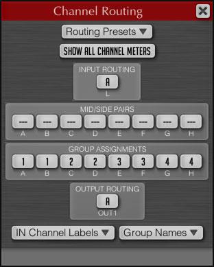 EQ Plug-ins Channel Routing Window In the Channel Routing window, the following options are available: Routing Presets Show all Channel Meters Input and Output Routing Mid/Side Pairs Opens a window