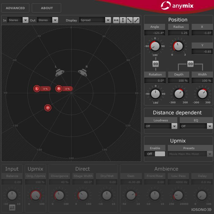 Spatial + Panner Plug-ins The Plug-In Panel Panning mode The panel of Anymix Pro is divided into several sections, with the stage view taking the most space to display the position and movement of