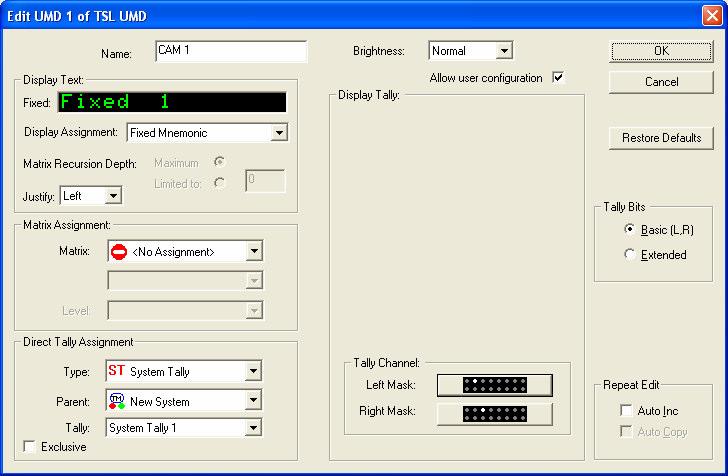 The UMD dialog box System Tally 1 is made up of two I/P tallies, Tally 2 and Tally 3, assigned to Tally Channels named Iso 1 and Iso 2.