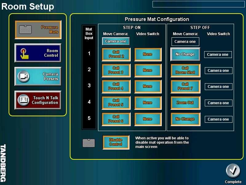 TOUCH PANEL OPERATION 4.4.1.3 Room Setup Pressure Mats Selecting PRESSURE MATS allows the user to setup the Pressure Mat operation and presets associated with a particular mat.