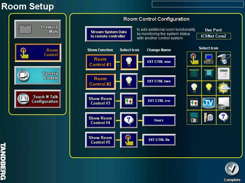 TOUCH PANEL OPERATION Room Control Selecting ROOM CONTROL allows the user to configure and assign different room control parameters.