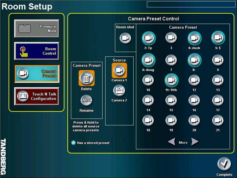 TOUCH PANEL OPERATION Camera Presets Selecting CAMERA PRESETS allows the user to configure existing presets, as well as configure additional camera presets.