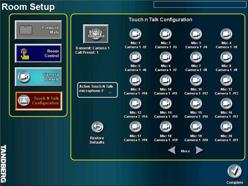 TOUCH PANEL OPERATION Touch N Talk Configuration This presents your options to configure the Touch N Talk microphones to switch to the MAIN, SECOND, or AUXILIARY camera (if the Aux Cam is enabled).