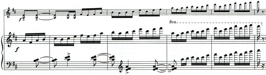 60 The syncopation develops into six measures of consecutive syncopated with accents quarter notes, on top of the sixteenth notes in the piano part.