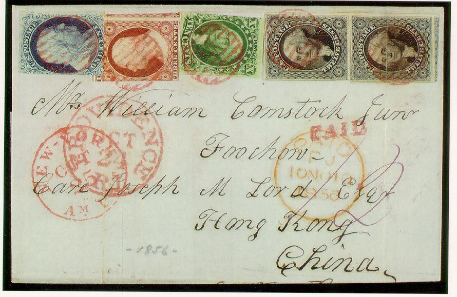 The Comstock Correspondence Faint black horizontal control mark NOTE that only the 3 adhesive is control marked This cover, franked with 38 worth of 1851-issue stamps, was carried via British Mail to