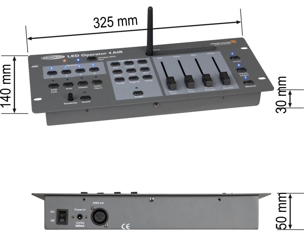 Product Specification Model: Showtec LED Operator 4 Air Battery operated (8 hours) Wireless DMX from Wireless solutions Sweden Preset RGB color and chases Control 4 x 4 channel fixtures The LED