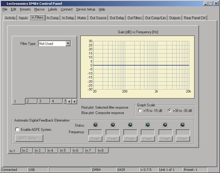 DM84 Digital Matrix Processor In Filters (Input Filters) Tab This tab contains a notebook of the six available input filter settings, with a separate page for each input channel.