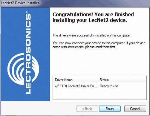 On Windows XP and Vista operating systems, the Found New Hardware Wizard will open when the device is detected. It will walk you through the process of installing the LecNet2 drivers.