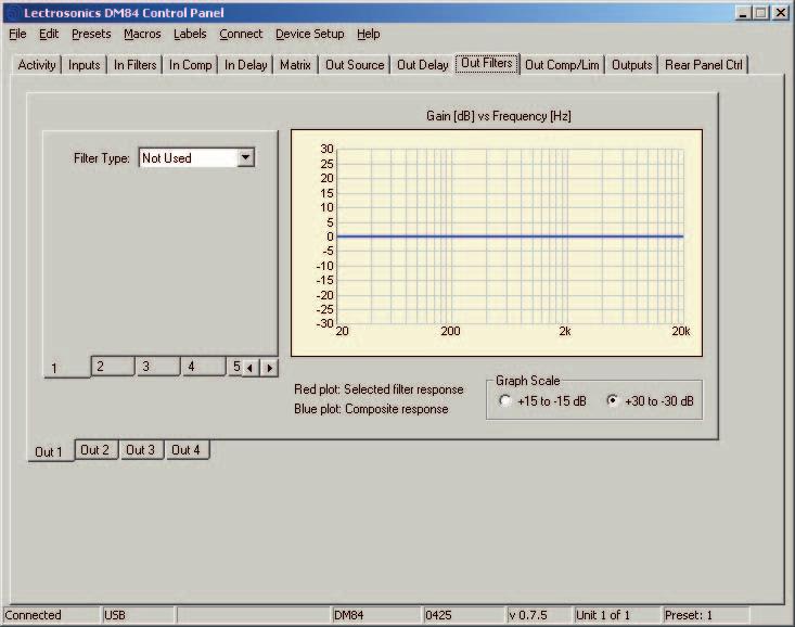 DM84 Digital Matrix Processor Out Filters (Output Filters) Tab This tab contains a notebook of the nine available output filter settings, with a separate page for each output channel.