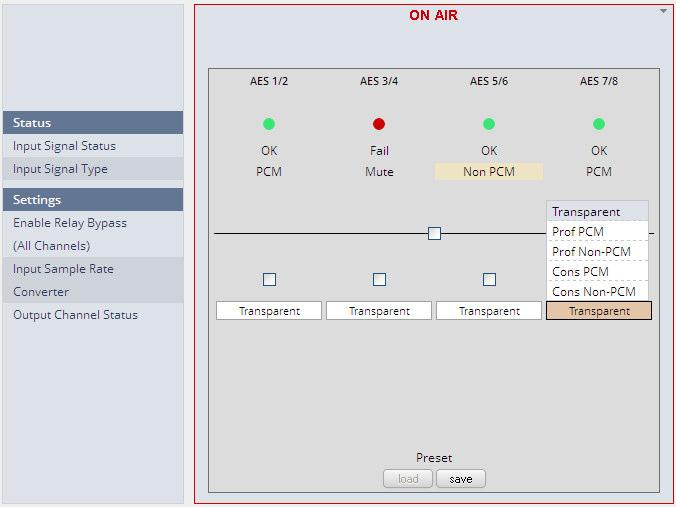 PCM / Non PCM]} [ON / OFF] Power fail bypass relay that may be activated from the GUI Input Sample Rate Converter [ON / OFF] Output Channel Status [Transparent / Prof PCM / Prof Non-PCM / Cons PCM /