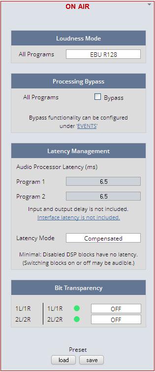 Setup GUI AUDIO PROCESSOR - Setup Loudness Mode Processing Bypass Latency Management Program 1 Program 2 In order to meet the regulations of regions or countries you must select the loudness control