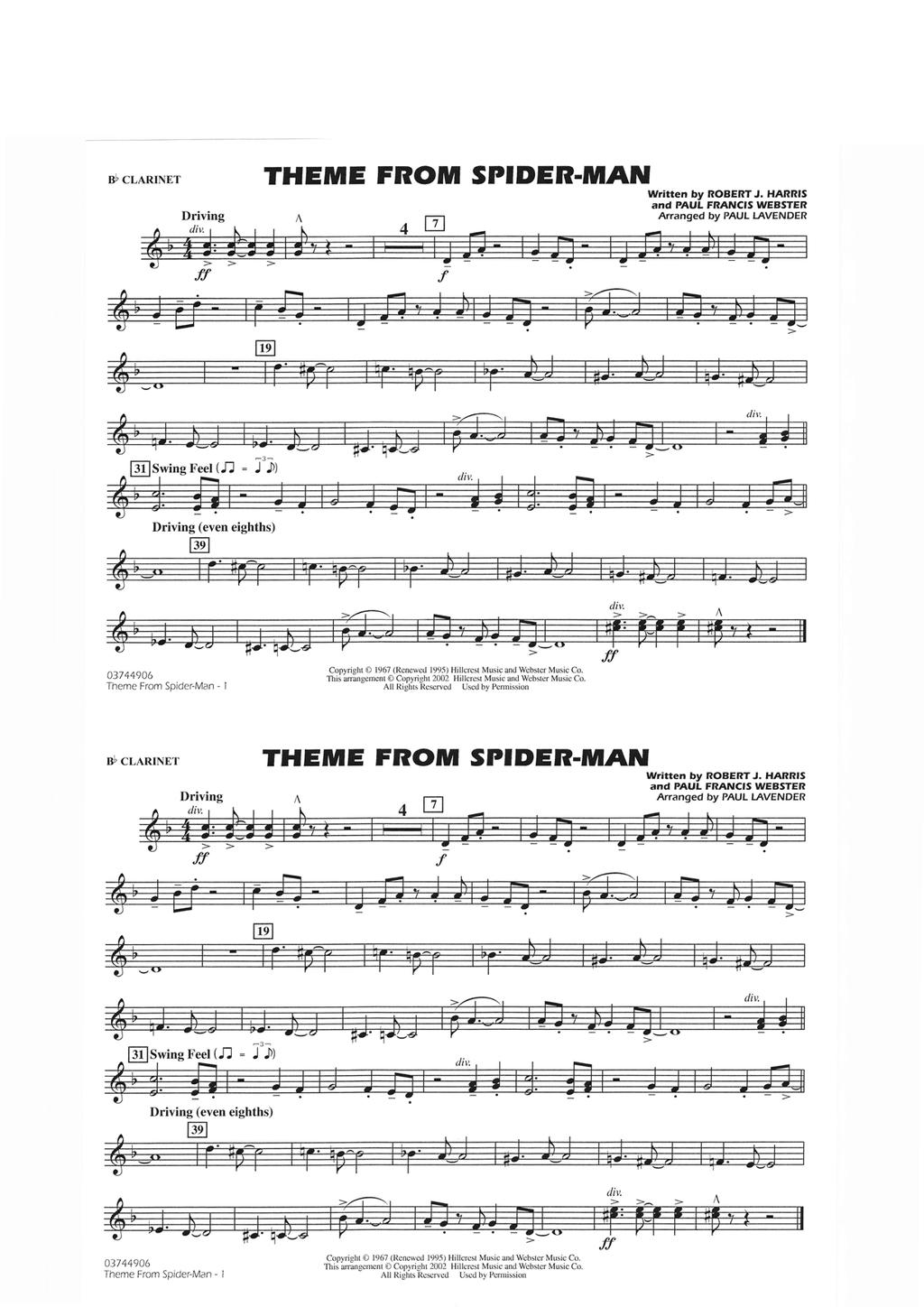 nb cu.rinet THEME FROIUI SPIDER.MAil and PAUI FRANCIS WEBSTER Arranged by PAUL LAVENDER ESwing FeeI (I -3- = J)) Copyright @ 1967 (Renewed 1995) Hillcrest Music and Webster Music Co.
