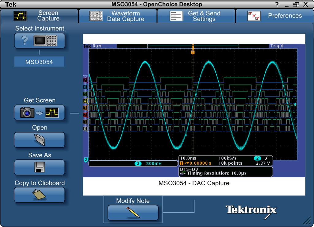 Key software applications NI LabVIEW SignalExpress Tektronix Edition LE, OpenChoice Desktop, and Microsoft Excel and Word toolbars are included standard with each oscilloscope to enable fast and easy