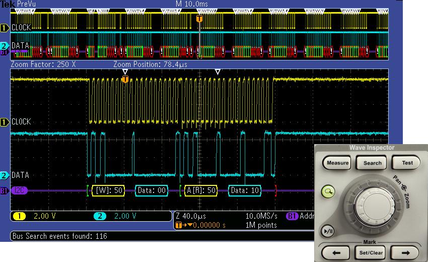 Mixed Signal Oscilloscopes MSO3000 Series, DPO3000 Series Search I 2 C decode showing results from a Wave Inspector search for Address value 50.