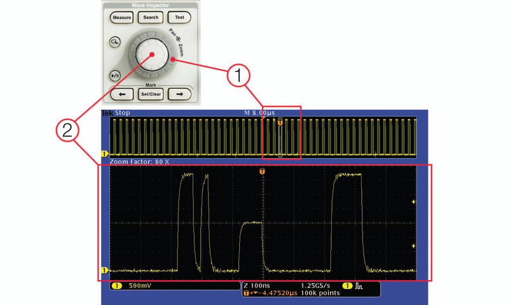 Datasheet Wave Inspector controls provide unprecedented efficiency in viewing, navigating, and analyzing waveform data. Zip through your 5 Mpoint record by turning the outer pan control (1).