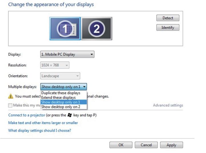 Show desktop only on : Display the status of a particular monitor. This option is typically chosen when the laptop is used as a PC so the user can enjoy a large external monitor.
