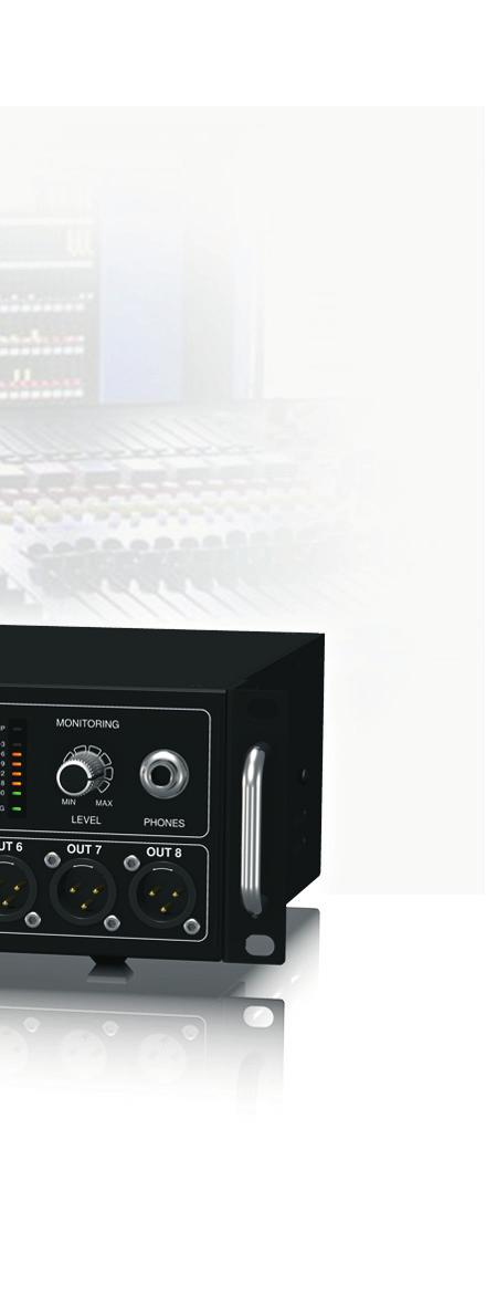 100 m via CAT5/5e cable All settings programmable from front panel controls or console Status indicator LEDs on front panel Headphones output assignable to any of the inputs or outputs for on-stage