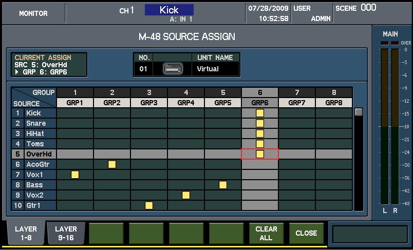 So we'll put kick in one group, snare in another group, hi hat in another group, etc as follows To set which REAC B Output sources go to which Groups (Knobs) in the drummer's M-48 unit, press MON