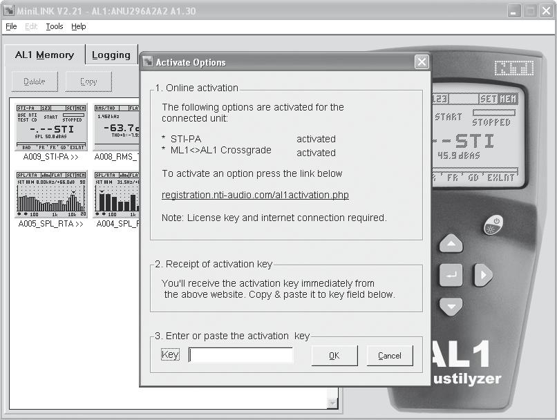 Activate Options The activate options menu is required for Activation of AL1 functionalities on your Minilyzer ML1 or the ML1 functionalities on your Acoustilyzer with the crossgrade package