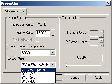 4. On AMCap, click Options -> Video Capture Pin and and choose input format of 768x576