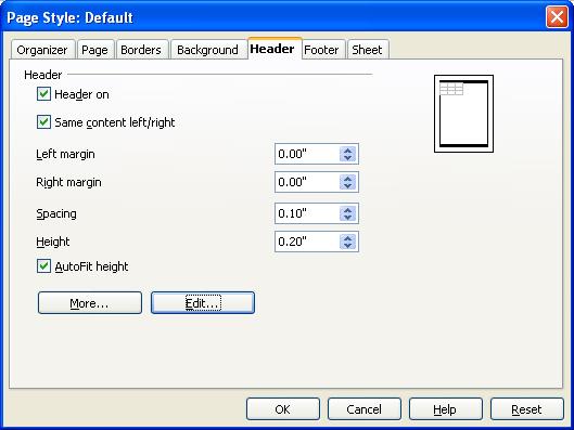 Headers and footers Figure 8: Header dialog 4) Select the Header on checkbox. From here you can also set the margins, the spacing, and height for the header or footer.