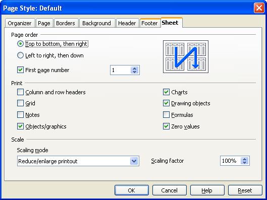 Printing Objects and graphics Charts Drawing objects Formulas To select the details to be printed: 1) Choose Format > Page. 2) Select the Sheet tab (Figure 3).