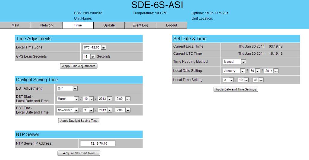 SDE-S-ASI. "Time" Screen The Time screen (Figure.) allows you to set the current date and time for the SDE-S-ASI.