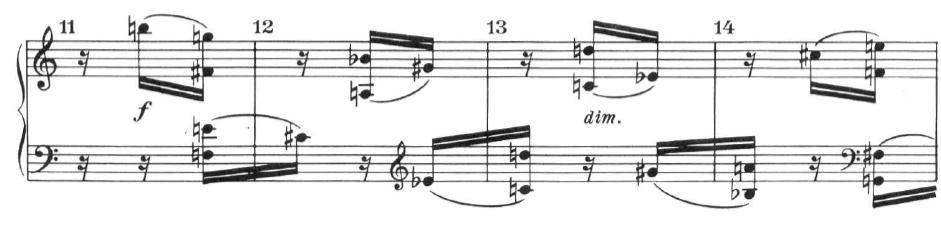 Ex. 3.13. Webern s Piano Variations, Op. 27, No. 1, mm. 11-14. The second section or variation (mm.