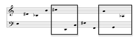 Ex.3.21. Messiaen s primary row, Livre d orgue, I: trichords B-C-Bb [012] and E-F#-F [012]. Ex. 3.22. Țăranu s primary row, Contrasts II: trichords C#-D-C [012] and A-G-Ab [012].