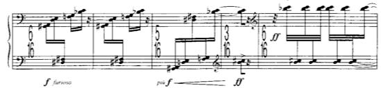 tone row in an alternation between the voices. The starting pitch, E, is framed by the two voices moving in contrary motion, continuing with D# in the upper register and D in the lower register.