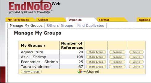 Organize and Share References ENDNOTE WEB My References Under the My References tab you see a multi-column display that shows a summary of your references.