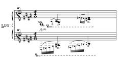 88 Example 6.38. Villa-Lobos, Mômoprecóce, fifth scene, mm. 24, piano. This measure is repeated five times, each at a lower octave.