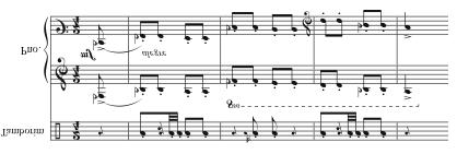 Villa-Lobos, Mômoprecóce, Finale, mm. 5-6, cellos basses, and bass drum. and tamborim. Example 6.46.