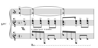 The melodic line now performed by the woodwinds and strings is embellished by a percussive repeated note in octaves in the high register of the piano.