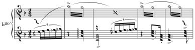 72 Example 6.13. Villa-Lobos, Mômoprecóce, 2 nd mvt., mm. 9-13, violins and violas. For sixteen measures, the A pedal tone is sustained by the cello and double bass section.
