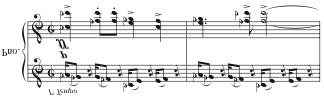 78 Villa-Lobos states a new motive in section B (Example 6.23). This motive resembles a fanfare with parallel fifths, fourths and thirds in two voices.