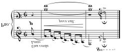 79 The coda ends on an affretando passage on a pedal G, and arrives on a fortissimo G dominant ninth chord before it returns to the first mood, which opens the scene.