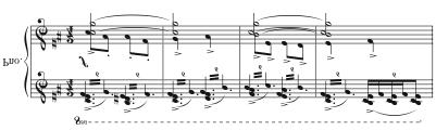 82 As in the third scene, once the piano enters, the soloistic writing features the treble clef in both hands. Very rarely is there a note in the middle range of the piano.