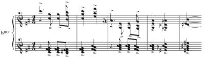 83 The close of the C section is marked by an ascending whole-tone glissando in alternating hands, which leads to the final theme of the coda.