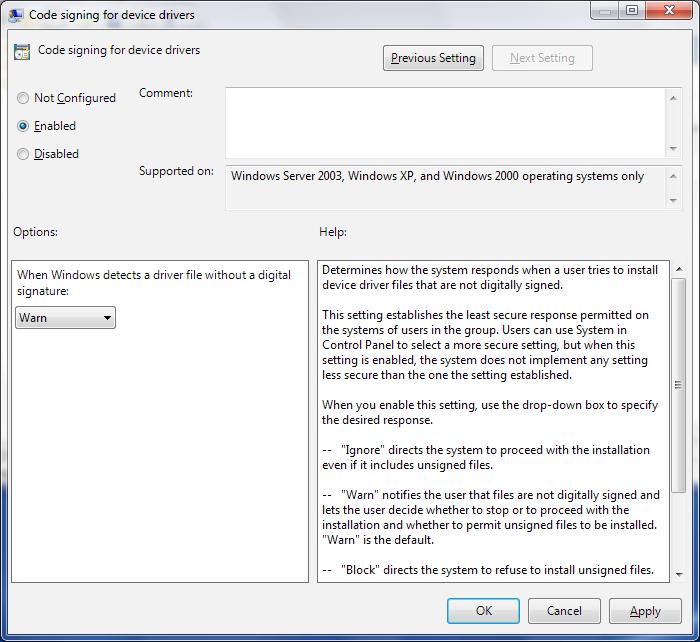 Choose Enabled in the editor window. In the options window, choose Warn. Click Apply. Click OK, and restart your computer. Continue with Step 2 below. 2. Execute The Setup Software 1.