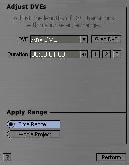 DVEs Add DVEs Insert DVE transitions to floodfill your selected time range. This tool adds transitions into your selected range. It can optionally replace existing DVEs. To use: 1.