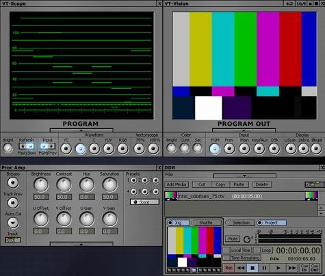 From the Main Menu, open the Switcher, a Proc Amp, a VT-Scope and a VT-Vision. 2. Open a DDR and load ntsc_colorbars_75.