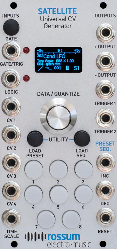 3. Overview Satellite is a compact 12HP module that can be loaded with all (or a subset) of the presets and preset sequences from a Rossum Electro-Music Control Forge or other Satellite and then