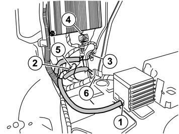 50B to the pre-routed single pole connector (2) to the connector detached from the amplifier (3) to the amplifier (4) Illustration B The previously installed fibre optic cable is not illustrated.