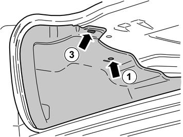 Unhook the side panel from the mounting (3, illustration B) on the underneath of the parcel shelf. Unhook the side panel from the load securing eyelet (4, illustration A). Remove the side panel.