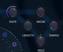 2. THE OFFSET CONTROLS These five knobs set the main RATE, LENGTH, MODE, SWING, and VELOCITY masters of the current Jammer preset.