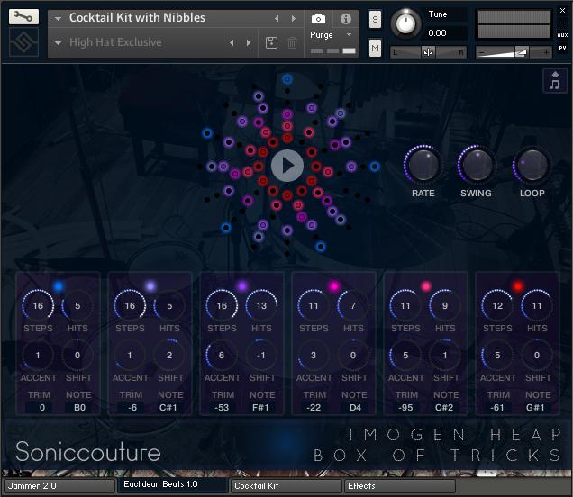 THE EUCLIDEAN BEATS PANEL Box of Tricks Two of the drum kits have the EUCLIDEAN BEATS generator. Euclidean Beats are a way of thinking about rhythm that has become popular in the last few years.