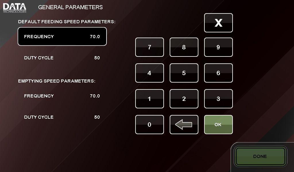 Advanced Settings To modify a parameter: 1. Press the parameter to be modified. The General Parameters screen with a keypad appears. Figure 56.