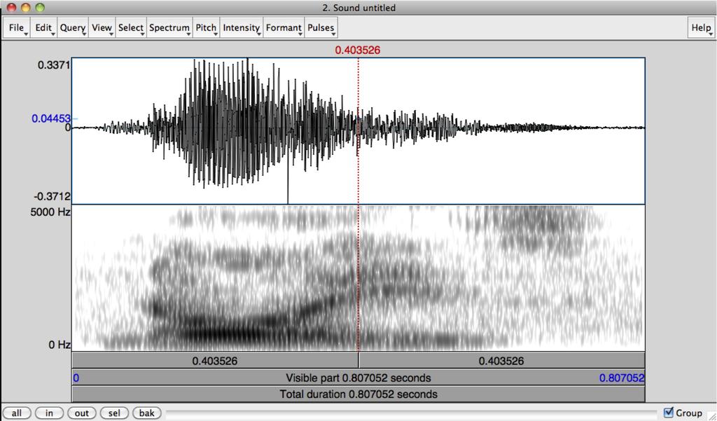 Figure 2: The Praat Editor Window You re immediately presented with an editor window (like that in Figure 2), showing the waveform of the sound, and if the sound is sufficiently short, a broadband