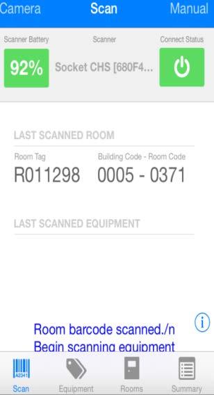 Scanning the room barcode updates the location of the equipment in ebars.